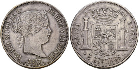 ISABEL II (1833-1868). 2 Escudos. (Ar. 25,91g/37mm). 1867. Madrid. (Cal-2019-647). MBC+.