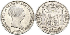 ISABEL II (1833-1868). 20 Reales (Ar. 25,70g /37mm). 1851. Sevilla. (Cal-2019-626). MBC+.