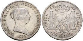 ISABEL II (1833-1868). 20 Reales. (Ar. 25,86g/37mm). 1854. Sevilla. (Cal-2019-629). EBC-. Bonita pátina. Ligeras marqitas en anverso.