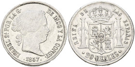 ISABEL II (1833-1868). 20 Reales. (Ar. 25,74g/37mm). 1857. Sevilla. (Cal-2019-634). MBC+. Marquitas y golpecito en canto. Escasa.