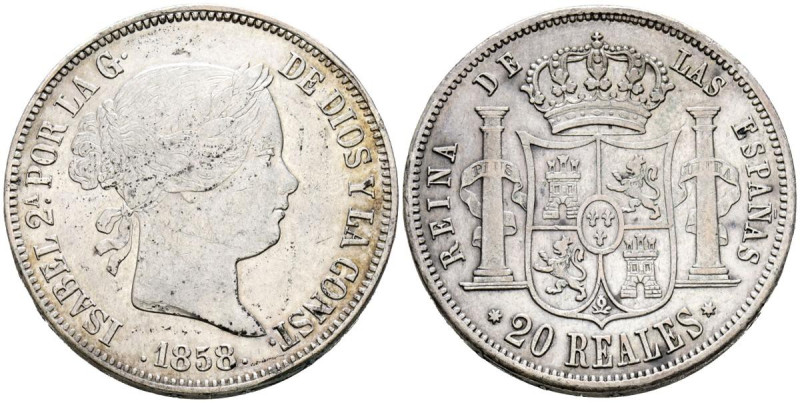 ISABEL II (1833-1868). 20 Reales. (Ar. 25,80g/37mm). 1858. Sevilla. (Cal-2019-63...