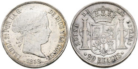 ISABEL II (1833-1868). 20 Reales. (Ar. 25,80g/37mm). 1858. Sevilla. (Cal-2019-634). MBC. Escasa.