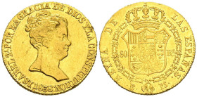 ISABEL II (1833-1868). 80 Reales. (Au 6,75g/21mm). 1838. Barcelona PS. (Cal-2019-701). Leyenda en anverso: Constitución. MBC+. Marquitas.