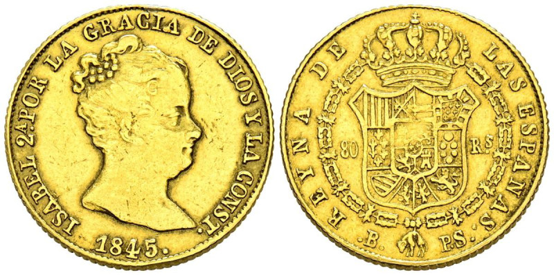 ISABEL II (1833-1868). 80 Reales. (Au 6,65g/21mm). 1845. Barcelona PS. (Cal-2019...
