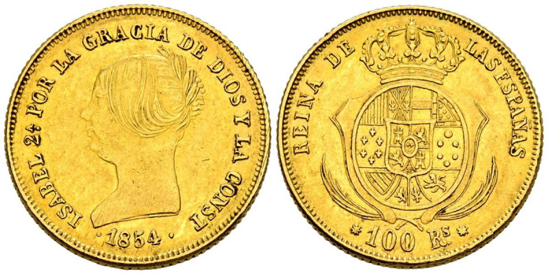 ISABEL II (1833-1868). 100 Reales. (Au. 8,35g/22mm). 1854. Barcelona. (Cal-2019-...