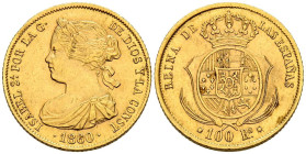 ISABEL II (1833-1868). 100 Reales. (Au. 8,35g/22mm). 1860. Barcelona. (Cal-2019-772). MBC+.