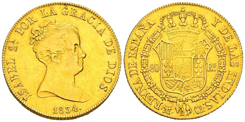 ISABEL II (1833-1868). 80 Reales. (Au 6,77g/21mm). 1834. Madrid CR. (Cal-2019-71...