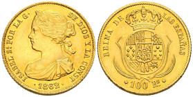 ISABEL II (1833-1868). 100 Reales. (Au. 8,37g/22mm). 1862. Madrid. (Cal-2019-789). EBC. Leves marquitas.
