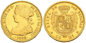 ISABEL II (1833-1868). 10 Escudos. (Au. 8,40g/22mm). 1868 * 18-73. Madrid. (Cal-2019-41). Acuñada durante el periodo de la I República. EBC-. Leves ma...