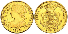 ISABEL II (1833-1868). 100 Reales. (Au. 8,38g/22mm). 1860. Sevilla. (Cal-2019-803). Inciales grabadas en anverso: J.P. 5-5-23. EBC-.