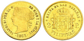 ISABEL II (1833-1868). 2 Pesos. (Au. 3,36g/18mm). 1861/0. Manila. (Cal-2019-835). MBC+.