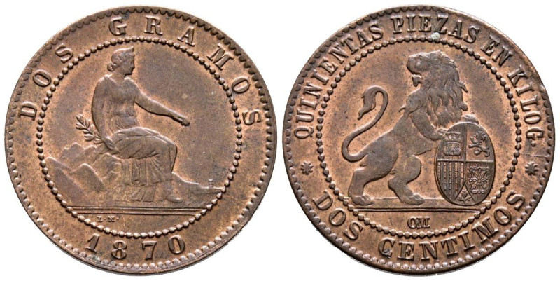 GOBIERNO PROVISIONAL (1868-1871). 2 Céntimos. (Ae. 2,07g/20mm). 1870. Barcelona....
