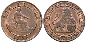 GOBIERNO PROVISIONAL (1868-1871). 2 Céntimos. (Ae. 2,07g/20mm). 1870. Barcelona. (Cal-2019-4). SC-. Bonito ejemplar.