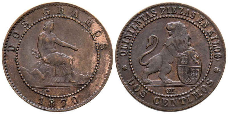 GOBIERNO PROVISIONAL (1868-1871). 2 Céntimos. (Ae. 1,91g/20mm). 1870. Barcelona....