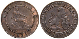 GOBIERNO PROVISIONAL (1868-1871). 2 Céntimos. (Ae. 1,91g/20mm). 1870. Barcelona. (Cal-2019-4). EBC-.