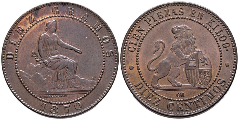 GOBIERNO PROVISIONAL (1868-1871). 10 Céntimos. (Ae. 9,73g/30mm). 1870. Barcelona...