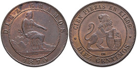 GOBIERNO PROVISIONAL (1868-1871). 10 Céntimos. (Ae. 9,73g/30mm). 1870. Barcelona. (Cal-2019-8). EBC+. Restos de brillo original. Escasa así.