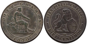 GOBIERNO PROVISIONAL (1868-1871). 10 Céntimos. (Ae. 9,90g/30mm). 1870. Barcelona. (Cal-2019-8). MBC.