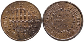 GOBIERNO PROVISIONAL (1868-1871). 25 Milésimas de Escudo (Ae. 6,69g/25mm). 1868. Segovia. EBC+. Precioso brillo original. Escasa y más en esta calidad...