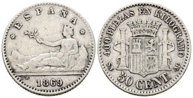 GOBIERNO PROVISIONAL (1868-1871). 50 Céntimos. (Ar. 2,50g/16mm). 1869 *69. Madrid SNM. (Cal-2019-13). MBC.
