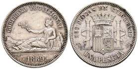 GOBIERNO PROVISIONAL (1868-1871). 1 Peseta. (Ar. 5,00g/23mm). 1869. Madrid SNM. (Cal-2019-16). Leyenda Gobierno Provisonal. EBC. Preciosa pátina. Rara...