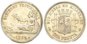 GOBIERNO PROVISIONAL (1868-1871). 1 Peseta. (Ar. 5,00g/23mm)*. 1869. Madrid SNM. (Cal-2019-16). Encapsulada por PCGS. XF Detail. *Peso y medida teóric...