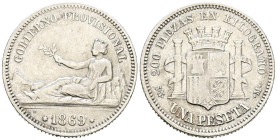GOBIERNO PROVISIONAL (1868-1871). 1 Peseta. (Ar. 4,88g/23mm). 1869. Madrid SNM. (Cal-2019-16). Leyenda Gobierno Provisonal. MBC/MBC-