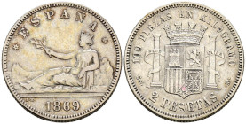 GOBIERNO PROVISIONAL (1868-1871). 2 Pesetas. (Ar. 9,89g/27mm). 1869 *18-69. Madrid SNM. (Cal-2019-22). MBC.