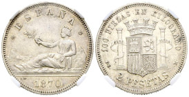 GOBIERNO PROVISIONAL (1868-1871). 2 Pesetas. (Ar. 10,00g/27mm)*. 1870 *18-73. Madrid DEM. (Cal-2019-31). Encapsulada por NN Coins AU 55+. Peso y medid...