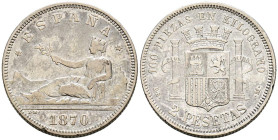 GOBIERNO PROVISIONAL (1868-1871). 2 Pesetas. (Ar. 9,88g/27mm). 1870 *18-74. Madrid DEM. (Cal-2019-31). MBC.