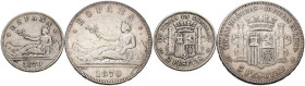GOBIERNO PROVISIONAL (1868-1871). Pareja de 2 y 5 Pesetas de 1870 en plata. Diferentes estados de conservación. A EXAMINAR.