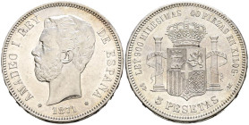 AMADEO I (1871-1873). 5 Pesetas. (Ar. 24,87g/37mm). 1871 *18-71. Madrid SDM. (Cal-2019-1). EBC. Leves rayitas y marquitas.