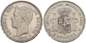 AMADEO I (1871-1873). 5 Pesetas. (Ar. 24,87g/37mm). 1871 *18-71. Madrid SDM. (Cal-2019-1). EBC-. Rayitas.