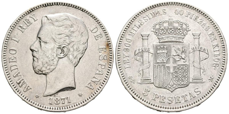 AMADEO I (1871-1873). 5 Pesetas. (Ar. 24,87g/37mm). 1871 *18-71. Madrid SDM. (Ca...