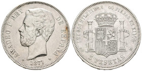 AMADEO I (1871-1873). 5 Pesetas. (Ar. 24,87g/37mm). 1871 *18-71. Madrid SDM. (Cal-2019-1). EBC-. Marquitas y rayitas de limpieza.