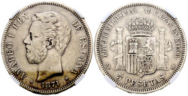 AMADEO I (1871-1873). 5 Pesetas. (Ar. 25,00g/37mm)*. 1871 *18-18. Madrid SDM. (Cal-2019-2). Encapsulada por NGC XF Details. Escasa. *Peso y medidas te...