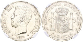 AMADEO I (1871-1873). 5 Pesetas. (Ar. 25,00g/37mm)*. 1871 *18-73. Madrid DEM. (Cal-2019-3). Encapsulada por NGC XF Details. Escasa. *Peso y medidas te...