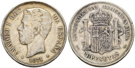 AMADEO I (1871-1873). 5 Pesetas. (Ar. 24,93g/37mm). 1871 *18-75. Madrid DEM. (Cal-2019-7). Acuñada bajo el reinado de Alfonso XII. MBC.