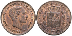 ALFONSO XII (1874-1885). 5 Céntimos. (Ae. 4,99g/24mm). 1877. Barcelona OM. (Cal-2019-4). EBC+. Escaso así.