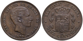 ALFONSO XII (1874-1885). 10 Céntimos. (Ae. 10,06g/30mm). 1879. Barcelona OM. (Cal-2019-10). EBC-.