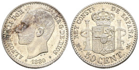 ALFONSO XII (1874-1885). 50 Céntimos (Ar. 2,55g/18mm). 1880 *80. Madrid MSM. (Cal-2019-11). EBC+. Ligeras rayitas.