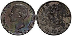 ALFONSO XII (1874-1885). 1 Peseta. (Ar. 4,97g/23mm). 1876 *18-76. Madrid DEM. (Cal-2019-15). MBC+. Pátina oscura.