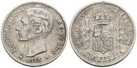 ALFONSO XII (1874-1885). 1 Peseta. (Ar. 4,95g/23mm). 1876 *18-76. Madrid DEM. (Cal-2019-15). MBC-. Primera estrella parcialmente visible.