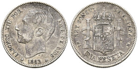 ALFONSO XII (1874-1885). 1 Peseta. (Ar. 4,91/23mm). 1882 *18-82. Madrid MSM. (Cal-2019-20). MBC-. Primera estrella parcialmente visible. Escasa.