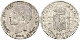 ALFONSO XII. (1874-1885). 1 Peseta (Ar. 4,95g/23mm). 1885 *18-85. Madrid MSM. (Cal-2019-24). MBC-. Estrellas apenas visibles.