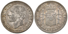 ALFONSO XII (1874-1885). 2 Pesetas (Ar. 9,86g /27mm). 1884 *18-84. Madrid MSM. (Cal-2019-34). MBC+. Preciosa pátina.