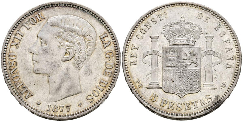 ALFONSO XII (1874-1885). 5 Pesetas. (Ar. 24,90/37mm). 1877 *18-77 . Madrid DEM. ...