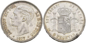 ALFONSO XII (1874-1885). 5 Pesetas. (Ar. 24,90/37mm). 1877 *18-77 . Madrid DEM. (Cal-2019-38). MBC+.