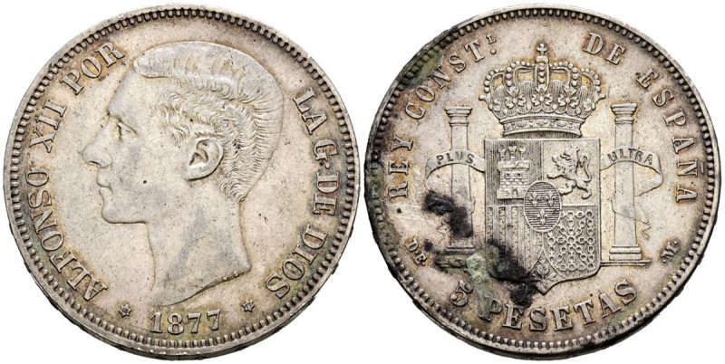 ALFONSO XII (1874-1885). 5 Pesetas. (Ar. 25,03/37mm). 1877 *18-77 . Madrid DEM. ...