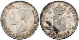 ALFONSO XII (1874-1885). 5 Pesetas. (Ar. 25,03/37mm). 1877 *18-77 . Madrid DEM. (Cal-2019-38). MBC+/MBC. Oxidaciones en reverso.